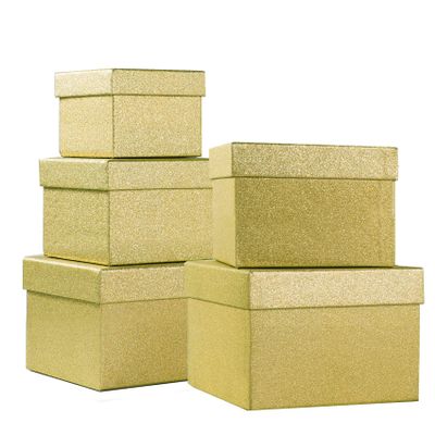 PAPER FAIR 5PCS Bright Gold Glitter Nesting Gift Boxes Set, Flat Square Cardboard Storage Organizer Keepsake Box with Lid Durable Reusable, for Gift Wrapping Holiday Present Christmas Birthday,