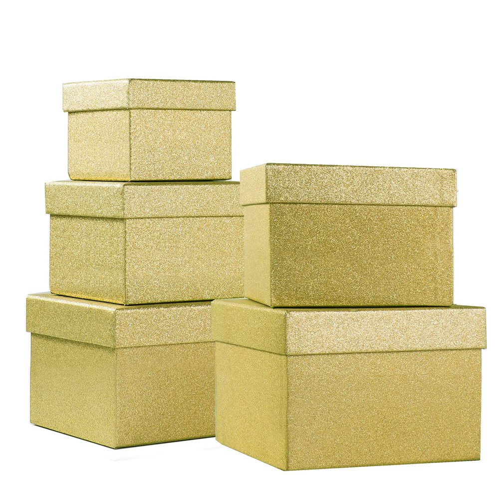 PAPER FAIR 5PCS Bright Gold Glitter Nesting Gift Boxes Set, Flat Square Cardboard Storage Organizer Keepsake Box with Lid Durable Reusable, for Gift Wrapping Holiday Present Christmas Birthday,