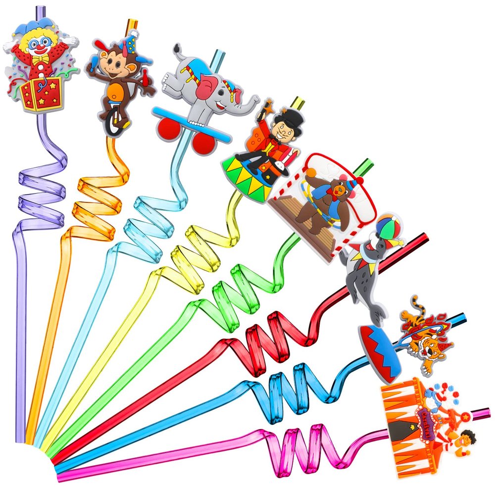 Bokon 24 Circus Party Favors Drinking Straws Reusable for Circus Carnival Party Supplies Plastic Drinking Straws, 8 Color Styles