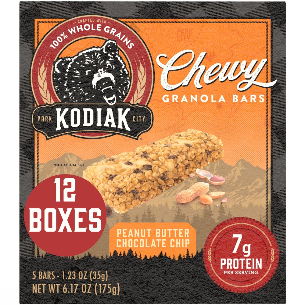 Kodiak Cakes Chewy Granola Snack Bars, Peanut Butter Chocolate Chip, High Protein, 100% Whole Grains, 12 boxes with 5 bars each (60 bars total)