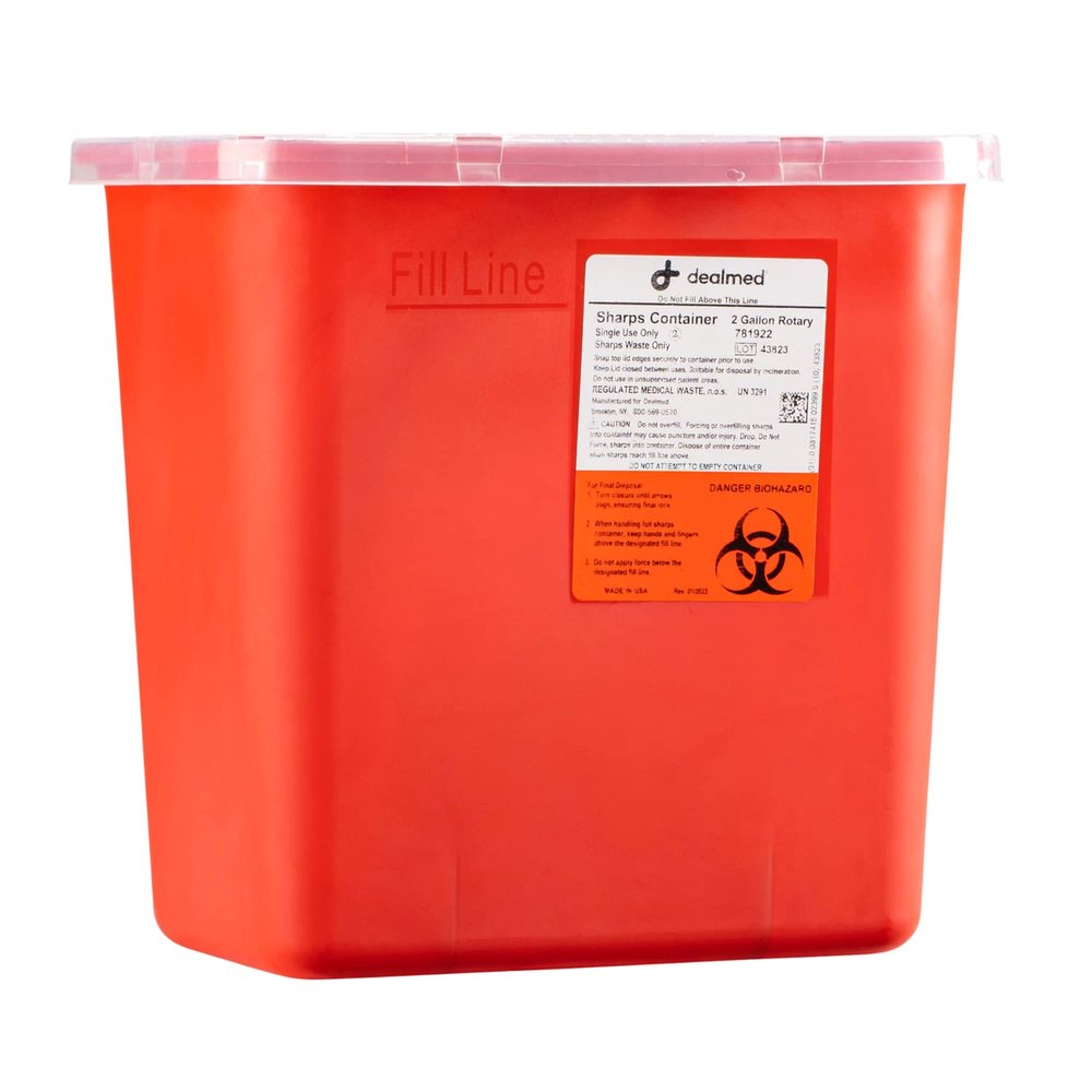 Dealmed Sharps Container 2 Gallon Rotor Opening - Professional Medical Needle Disposal - Puncture Resistant Red Container for Healthcare Facilities (Case of 20)