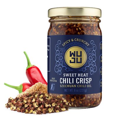 WUJU Sweet Chili Crisp, Chili Oil, Chili Sauce, Chili Garlic Sauce, Chinese Hot Sauce, Heat with Crispy Texture, Clean Natural Ingredients, Made in USA - 8 Ounce
