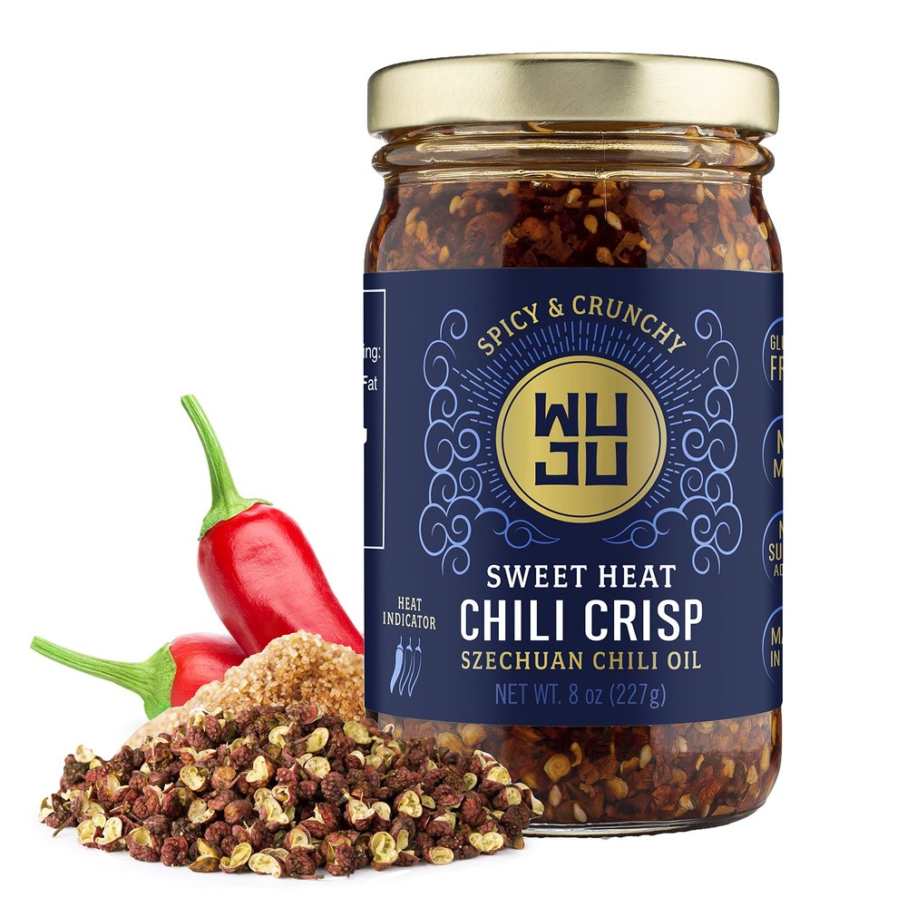 WUJU Sweet Chili Crisp, Chili Oil, Chili Sauce, Chili Garlic Sauce, Chinese Hot Sauce, Heat with Crispy Texture, Clean Natural Ingredients, Made in USA - 8 Ounce