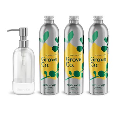 Grove Co. Ultimate Dish Soap Refills (3 x 16 Fl Oz) + Refillable Glass Dish Soap Dispenser for Kitchen Sink with Non-Slip Silicone Sleeve, Plastic Free Cleaning Products, Lemon & Eucalyptus