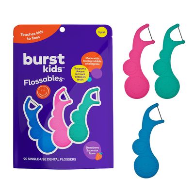 BURST Kids Flossers (90 Count/1 Pack) | Strawberry Aroma | Toddler Dental Flossable Picks with Ergonomic Design | No-Slip Grip | Smiley Face and Fun Colors