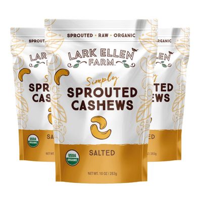 Lark Ellen Farm Sprouted Salted Cashews - Non GMO, Healthy Keto Snacks, Paleo, Gluten Free, Vegan, Certified Organic Nut, Sugar Free, High Protein, Kosher, Low Glycemic, 10 oz - 3 pack