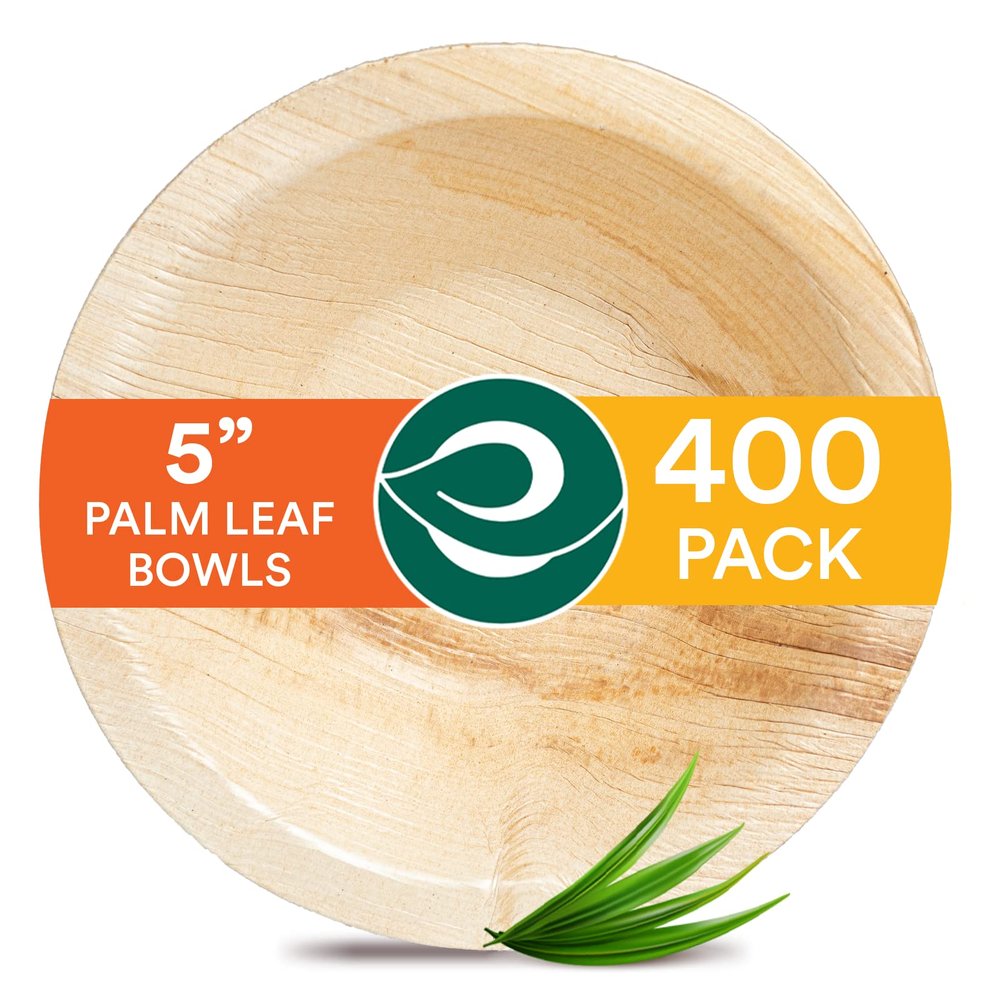 ECO SOUL Palm Leaf Bowl 400 pc, Small 5" (8 Oz) | Round Like Bamboo Bowls, Compostable, Biodegradable, Disposable Palm Leaf Bowls Eco-friendly | Sturdy, Microwave & Oven Safe