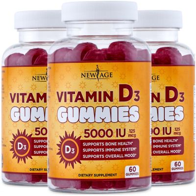 NEW AGE Vitamin D3 5000 IU 125mcg Gummies - Immune Supplement - Non-GMO, Gluten-Free, Dairy-Free, No Gelatin (180 Gummies (Pack of 3))