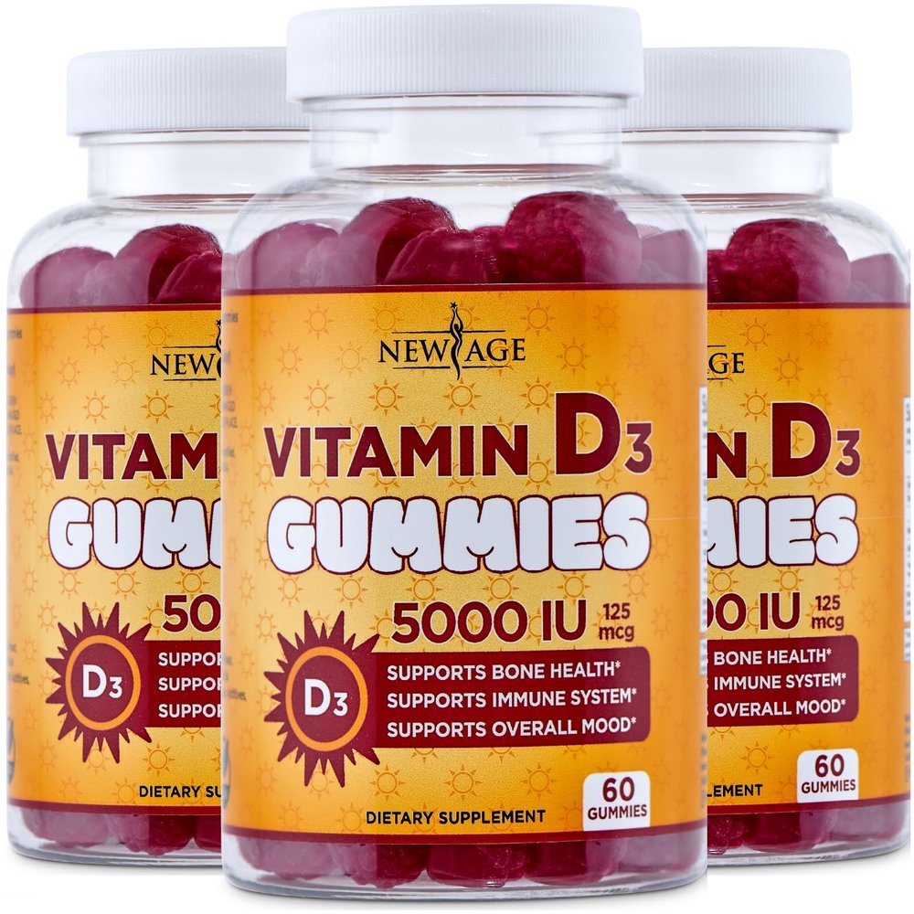 NEW AGE Vitamin D3 5000 IU 125mcg Gummies - Immune Supplement - Non-GMO, Gluten-Free, Dairy-Free, No Gelatin (180 Gummies (Pack of 3))