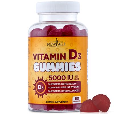 NEW AGE Vitamin D3 5000 IU 125mcg Gummies - Immune Supplement - Non-GMO, Gluten-Free, Dairy-Free, No Gelatin (60 Gummies (Pack of 1))