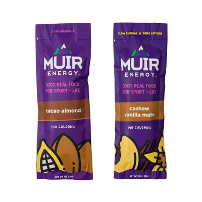 MUIR Slow Burn Variety Gel Pack - 24 Count (12 Cacao Almond, 12 Cashew Vanilla Mate) - Organic Real Food Energy Gel for Running, Cycling & Endurance - Long-Lasting, Easy-to-Digest, Vegan, Non-GMO