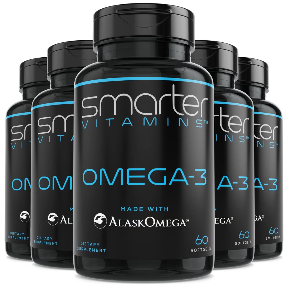 (5 Pack) Smarter Omega 3 Fish Oil, Berry Flavor, Burpless, Tasteless, 2000mg, Potent Triple Strength DHA EPA Brain Omega-3, Made with AlaskOmega