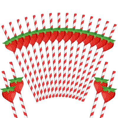 Vesici 100 Pcs Strawberry Straws Red White Striped Paper Straws Cute Fruit Themed Disposable Drinking Decorations for Baby Shower Birthday Valentines Strawberry Party Supplies 0.24 x 7.76 Inches