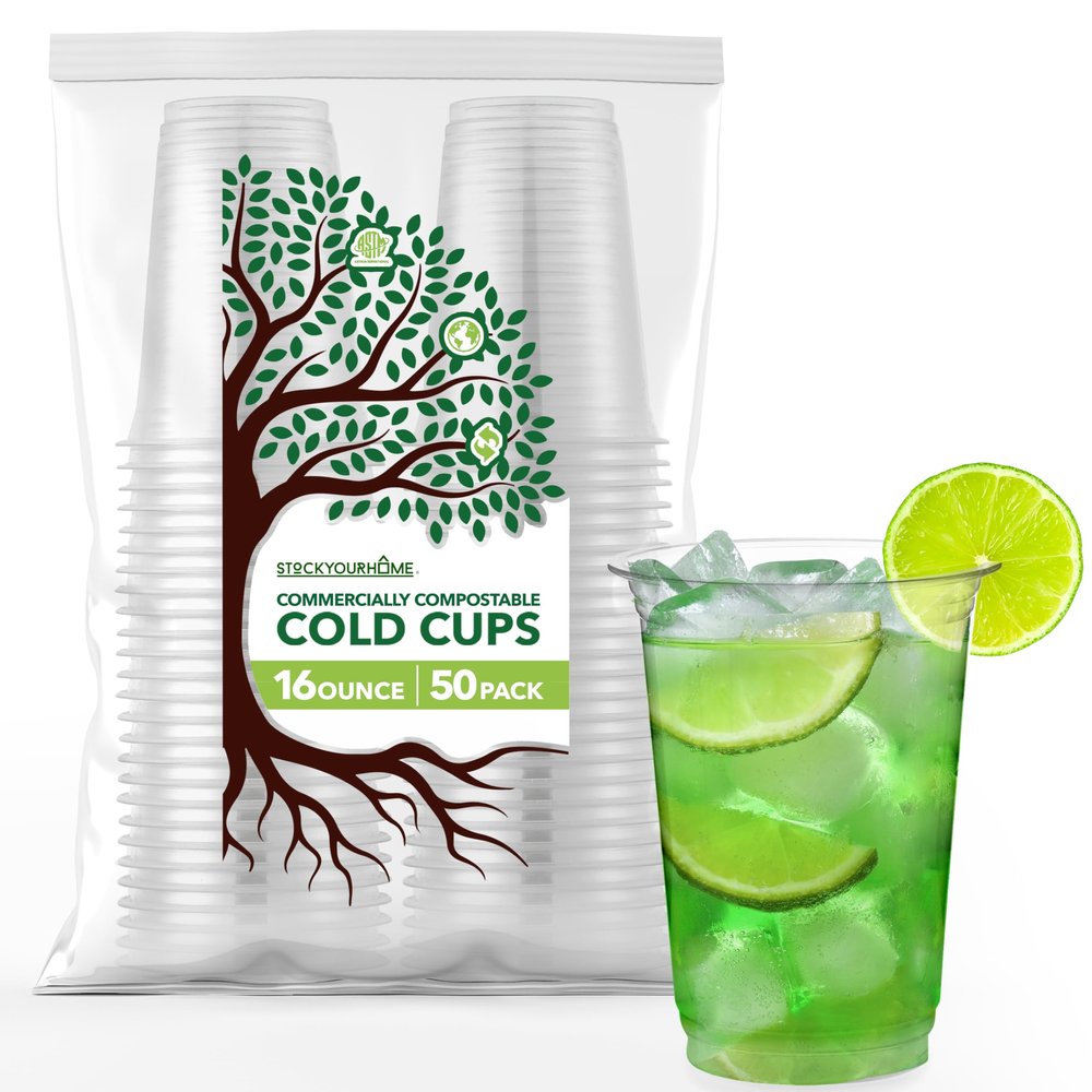Stock Your Home 16 oz Clear Commercially Compostable Cold Cups (50 Pack), Eco Party Cup, Environmentally Friendly Disposable Sustainable for Water, Wine, Beer Sample