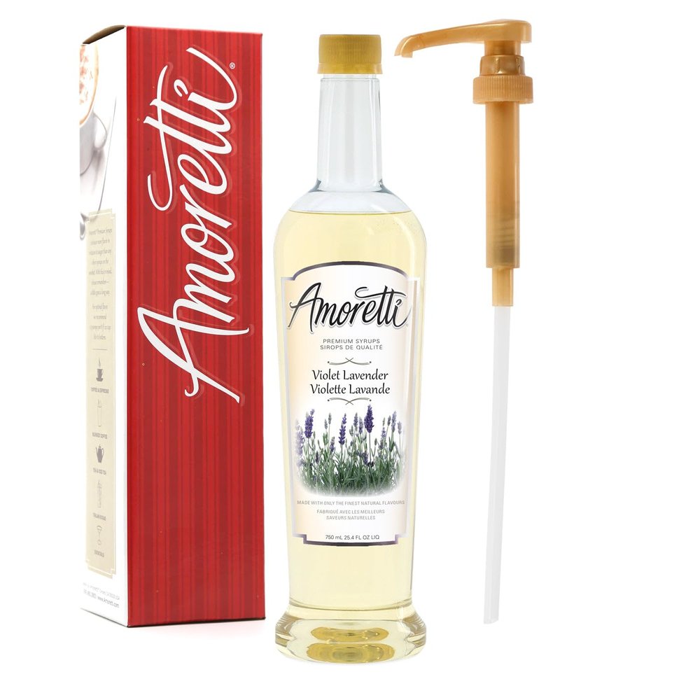Amoretti - Premium Violet Lavender Syrup, 94 Servings Per Bottle (750 ml), with Pump for Flavoring Coffees, Cocktails, and other Beverages, Gluten Free, GMO/GEO Free, Preservative Free