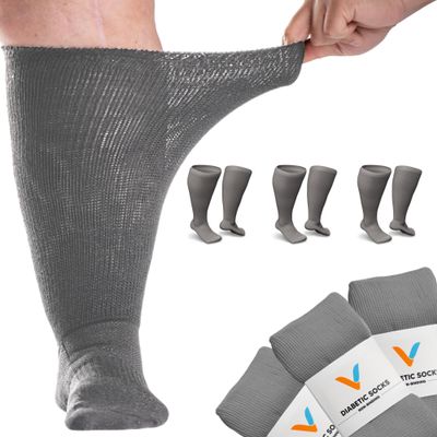 Viasox Gray EasyStretch Diabetic Socks for Men & Women, Non Binding Top, Seamless Toe, Loose Fit, 3 Pack, Medium 5-9