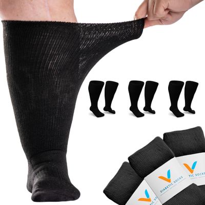 Viasox Black EasyStretch Diabetic Socks for Men & Women, Non Binding Top, Seamless Toe, Loose Fit, 3 Pack, Medium 5-9