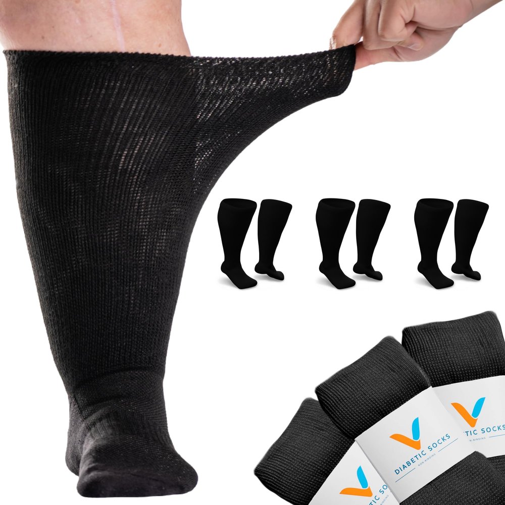 Viasox Black EasyStretch Diabetic Socks for Men & Women, Non Binding Top, Seamless Toe, Loose Fit, 3 Pack, Medium 5-9