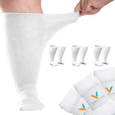 Viasox White EasyStretch Diabetic Socks for Men & Women, Non Binding Top, Seamless Toe, Loose Fit, 3 Pack, Large 9-12