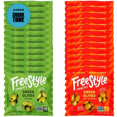 Freestyle Snacks Olive Snack Packs - Single Serve - Fresh Pitted Green Olives, Jumbo-Sized, Grown in Greece, All Natural, Non-GMO, Paleo, Sugar-Free, Keto, Salty Snack - Variety, 1.1oz (24 Pack)