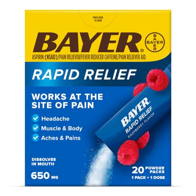 Bayer Rapid Relief, Dissolvable Raspberry Flavor, Powder Packs with Aspirin & Caffeine, Fast Acting Headache Relief, Muscle and Body Pain Reliever, 20ct