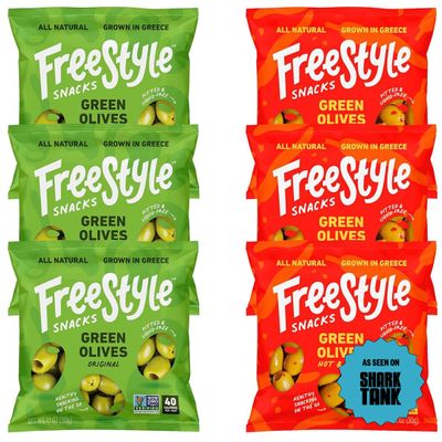 Freestyle Snacks Olive Snack Packs - As Seen on Shark Tank - Single Serve - Fresh Pitted Green Olives, Grown in Greece, All Natural, Non-GMO, Sugar-Free, Salty Snack - Variety, 1.1oz (6 Pack)