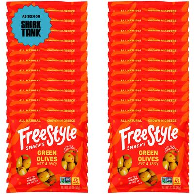 Freestyle Snacks Olive Snack Packs - As Seen on Shark Tank - Single Serve - Fresh Pitted Green Olives, Grown in Greece, All Natural, Non-GMO, Sugar-Free, Salty Snack  Hot & Spicy, 1.1oz (24 Pack)