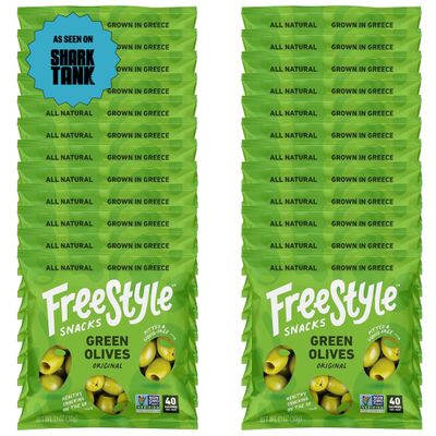 Freestyle Snacks Olive Snack Packs - Single Serve - Fresh Pitted Green Olives, Jumbo-Sized, Grown in Greece, All Natural, Non-GMO, Paleo, Sugar-Free, Keto, Salty Snack - Original, 1.1oz (24 Pack)