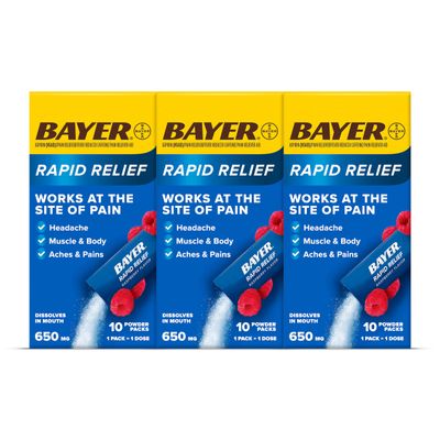 Bayer Rapid Relief, Dissolvable Raspberry Flavor, Powder Packs with Aspirin & Caffeine, Fast Acting Headache Relief, Muscle and Body Pain Reliever, 30ct