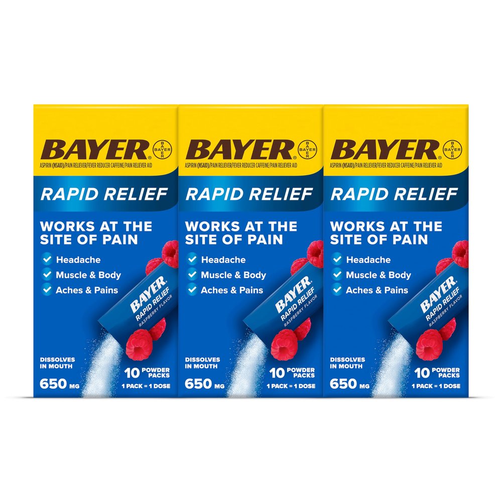 Bayer Rapid Relief, Dissolvable Raspberry Flavor, Powder Packs with Aspirin & Caffeine, Fast Acting Headache Relief, Muscle and Body Pain Reliever, 30ct