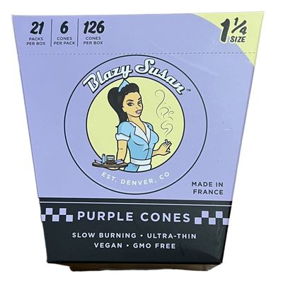 Blazy Susan Rolling Paper Cones Purple 1 1/4 Size (6 per pack) + RSV Scoop Card (Full Box (21 Packs))