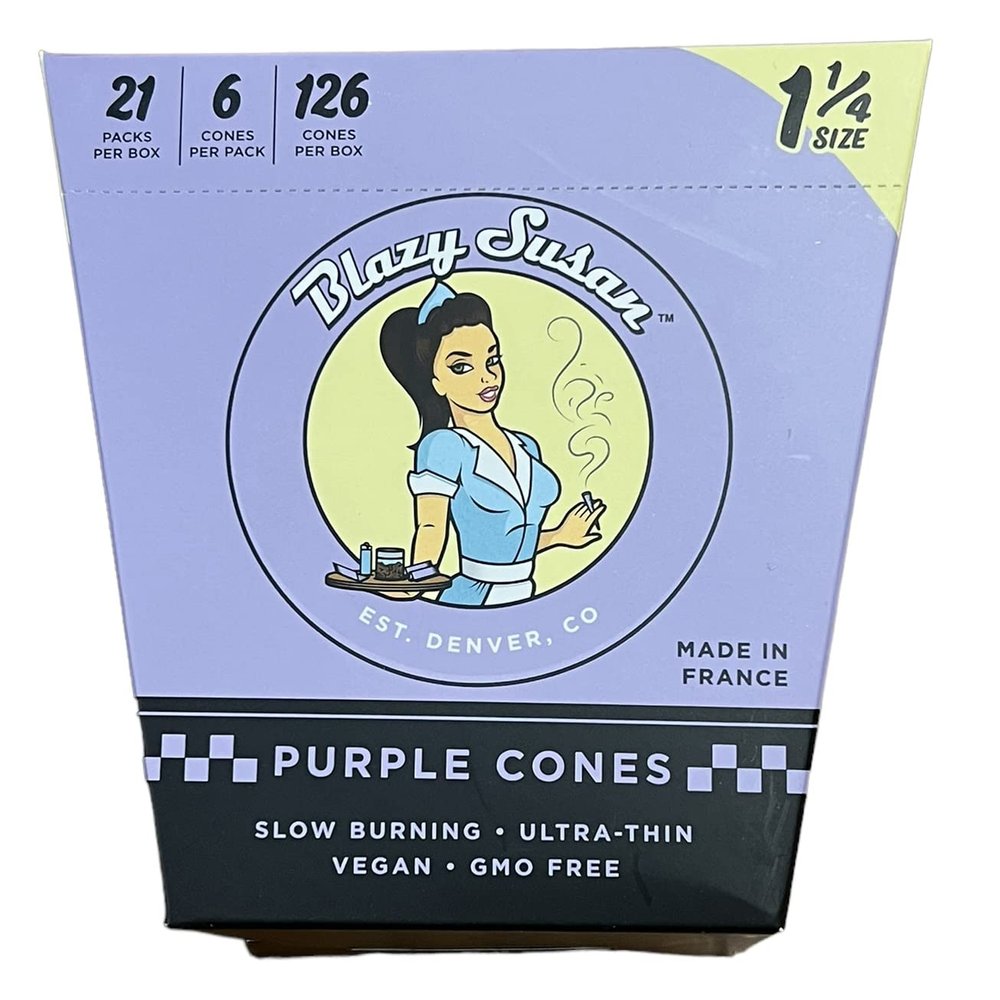 Blazy Susan Rolling Paper Cones Purple 1 1/4 Size (6 per pack) + RSV Scoop Card (Full Box (21 Packs))