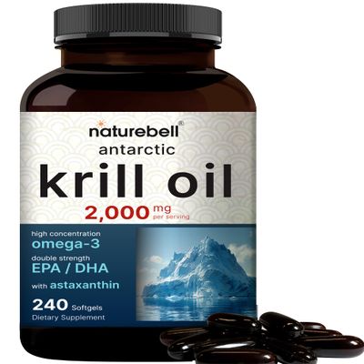 NatureBell Antarctic Krill Oil 2000mg Supplement, 240 Softgels, 3X Strength Natural Source of Omega-3s, EPA 240mg + DHA 160mg + Astaxanthin 800mcg  No Fishy Aftertaste  Mercury Free & Non-GMO