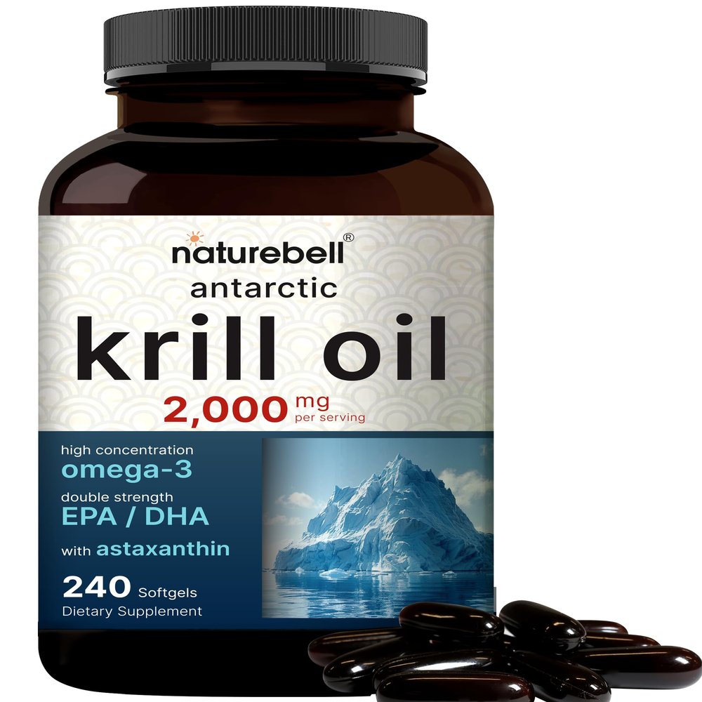 NatureBell Antarctic Krill Oil 2000mg Supplement, 240 Softgels, 3X Strength Natural Source of Omega-3s, EPA 240mg + DHA 160mg + Astaxanthin 800mcg No Fishy Aftertaste Mercury Free & Non-GMO