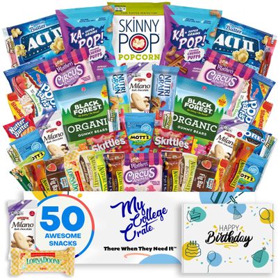 College Birthday Womens Sweet Snack Box ( 50 Piece Variety Lady Gift Basket Care Package ) Cookies, Gummies, Popcorn, Granolas Bar Variety Pack - My College Crate