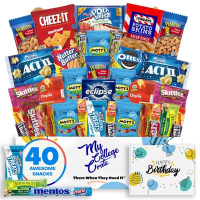College Birthday Small Snack Box ( 31 Piece Variety Gift Basket Care Package ) Chips, Candy, Peanuts, Popcorn, Cookies, Gummy Snacks, Chocolates and More - My College Crate