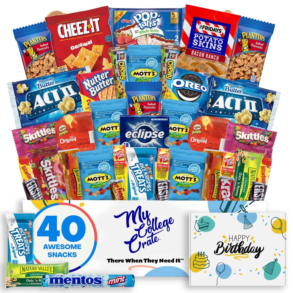 College Birthday Small Snack Box ( 31 Piece Variety Gift Basket Care Package ) Chips, Candy, Peanuts, Popcorn, Cookies, Gummy Snacks, Chocolates and More - My College Crate