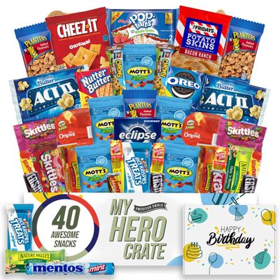 Military Birthday Snack Box (40 Piece Variety Gift Basket Care Package) Peanuts, Candy, Chips, Granola Bars & More - My Hero Crate