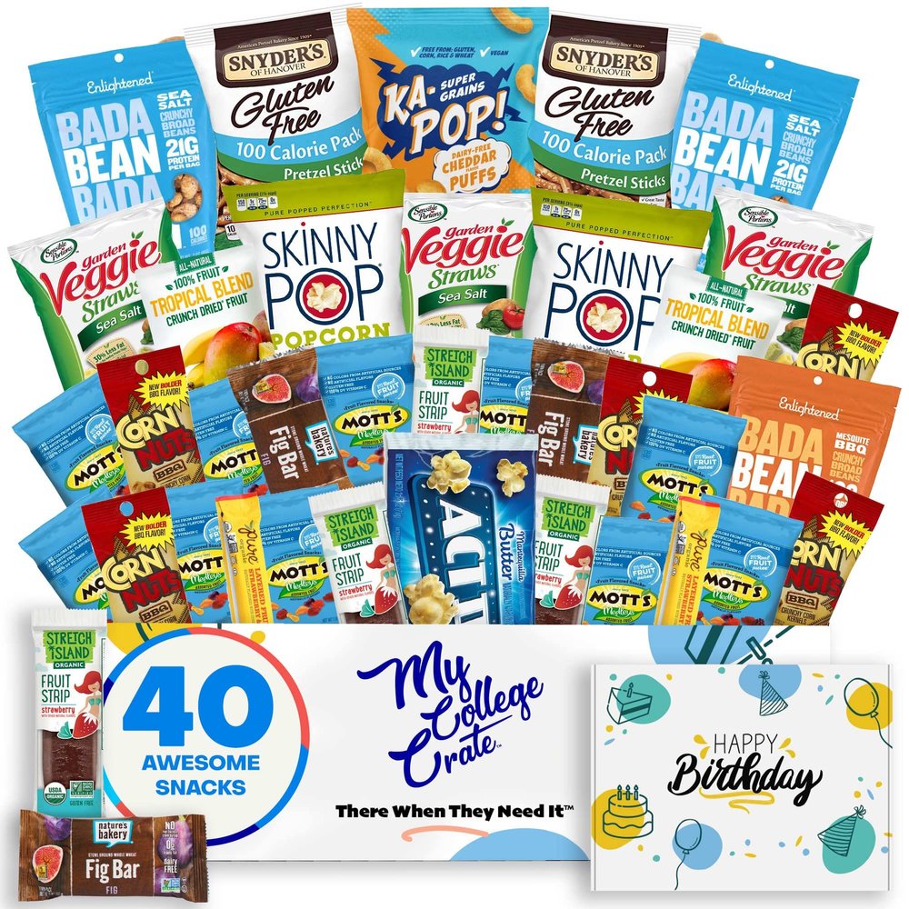 College Birthday Allergy Friendly Snack Box (40 Variety Gluten Free, Dairy Free, Vegan Gift Basket Care Package) Popcorn, Pretzels, Fruit Strips, Fig Bar & More - My College Crate