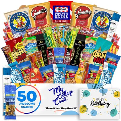 College Birthday Men's Hearty Snack Box ( 50 Piece Variety Gift Basket Care Package ) Jerky, Nuts, Chips, Pretzels, Variety Pack - My College Crate