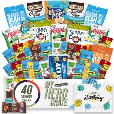 Military Birthday Allergy Friendly Snack Box (40 Variety Gluten Free, Dairy Free, Vegan Gift Basket Care Package) Popcorn, Pretzels, Fruit Strips, Fig Bar & More - My Hero Crate