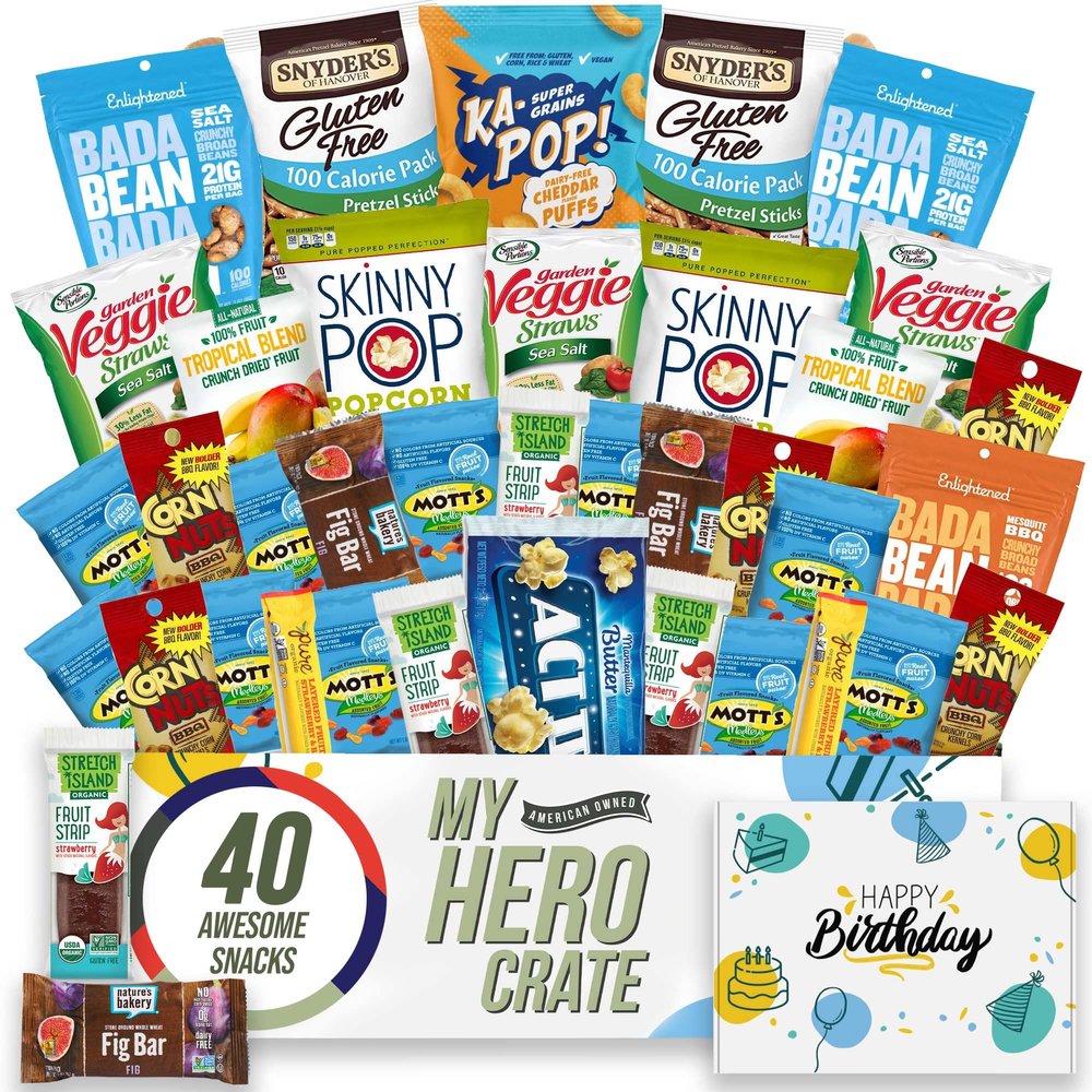 Military Birthday Allergy Friendly Snack Box (40 Variety Gluten Free, Dairy Free, Vegan Gift Basket Care Package) Popcorn, Pretzels, Fruit Strips, Fig Bar & More - My Hero Crate