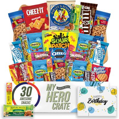 Military Birthday Small Snack Box ( 31 Piece Variety Gift Basket Care Package ) Chips, Candy, Peanuts, Popcorn, Cookies, Gummy Snacks, Chocolates and More - My Hero Crate