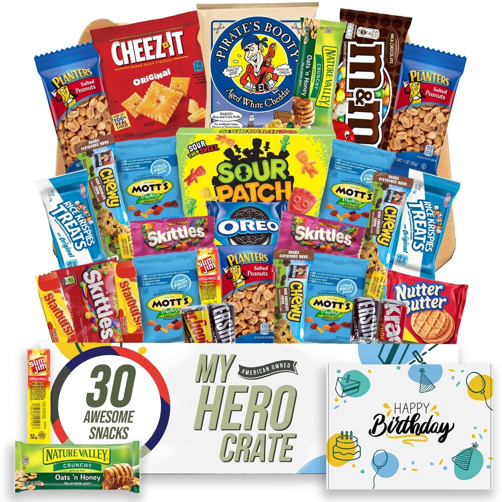 Military Birthday Small Snack Box ( 31 Piece Variety Gift Basket Care Package ) Chips, Candy, Peanuts, Popcorn, Cookies, Gummy Snacks, Chocolates and More - My Hero Crate