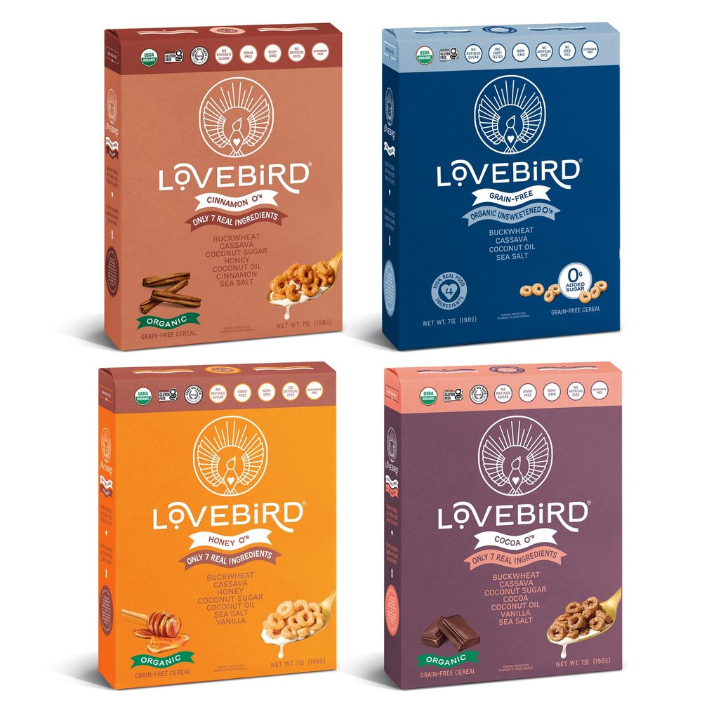 Lovebird Organic Cereal That Actually Tastes Good - 100% Real Food & Healthy Gluten Free Cereal, No Refined Sugar, Paleo, Keto Friendly Healthy Snacks for Kids, Adults - Variety, 4-Pack