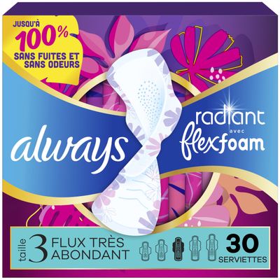 Always Radiant Feminine Pads for Women, Flexfoam Pads with Wings, Size 3, Extra Heavy Absorbency, Lightly Scented, 30 Count