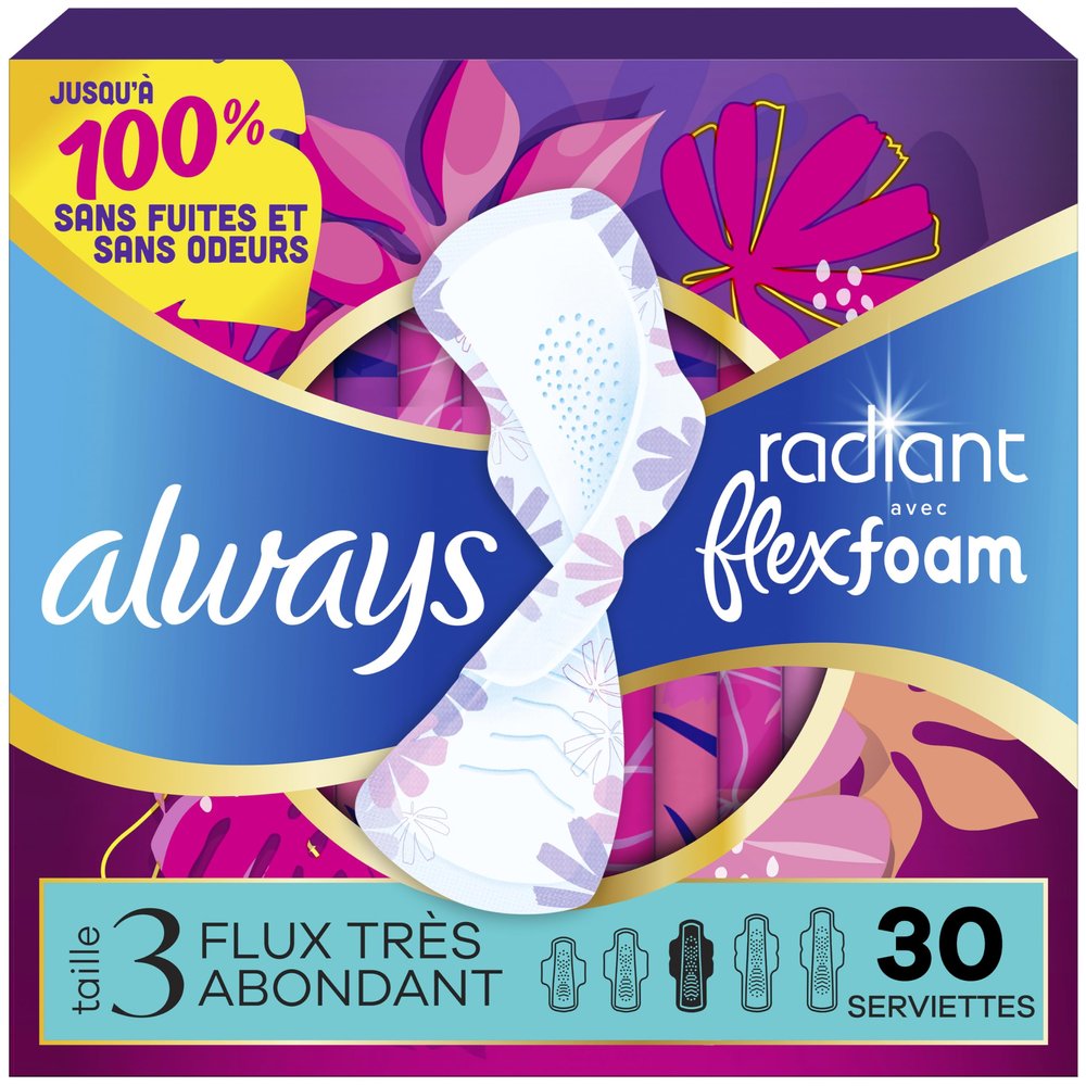 Always Radiant Feminine Pads for Women, Flexfoam Pads with Wings, Size 3, Extra Heavy Absorbency, Lightly Scented, 30 Count