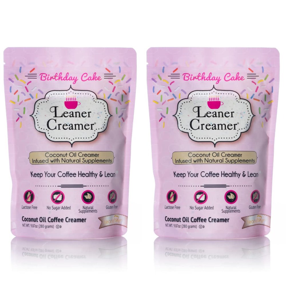 Leaner Creamer Coconut Creamer with Superfood Ingredients  Non-Dairy, Sugar-Free, Keto, Gluten-Free Powdered Coffee Creamer  Birthday Cake  2-Pack Bundle  280g Each