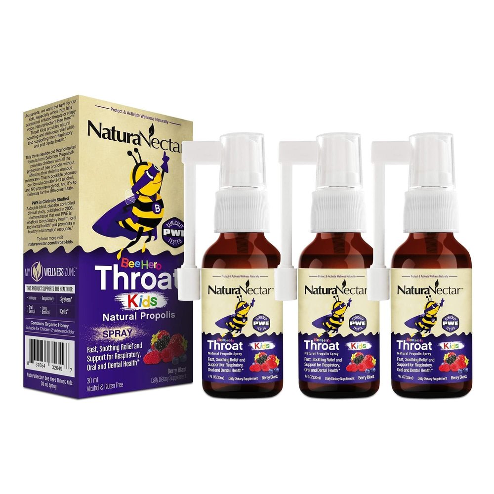 NaturaNectar Exclusive Kids Propolis Throat Spray, BeeHero Berry Blast Flavor (3 Packs)