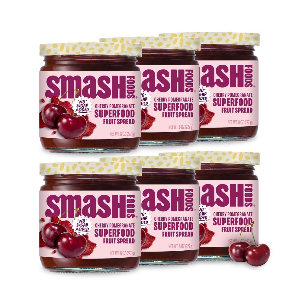 Smash Foods Cherry Pomegranate Jam | Low-Calorie, No Sugar Added Keto Jam with Upcycled Fruit & Chia Seeds | Vegan, Paleo Superfood Fruit Spread (6 Jars)